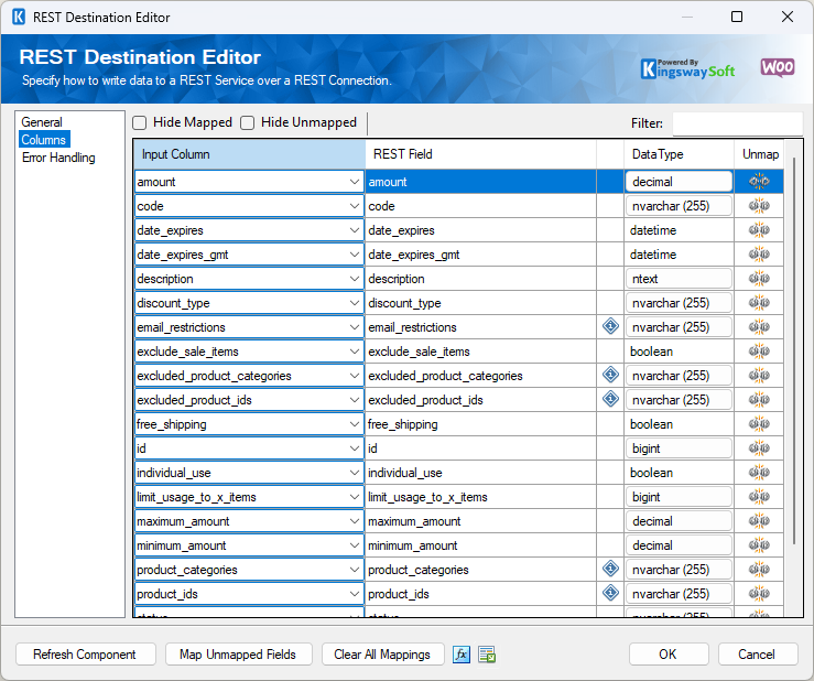 WooCommerce REST Destination Component - Columns